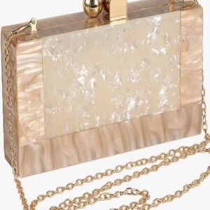 Menurra Acrylic Box Clutch Champagne Cream w/ Glossy Marble Handbag w/Gold Chain